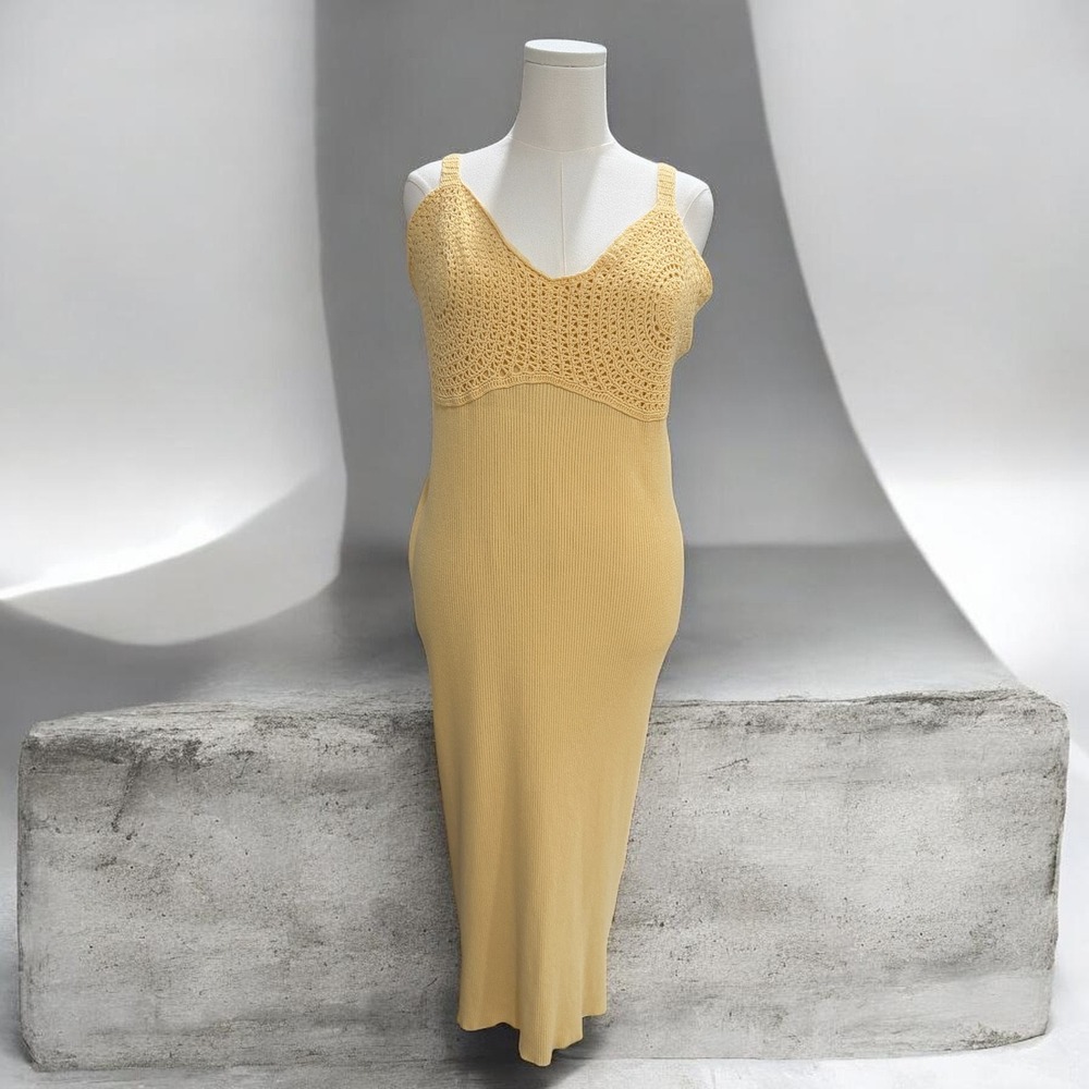 Future Collective Jenny Lopez Knit Crochet Midi Dress 2X Yellow Summer Boho Chic